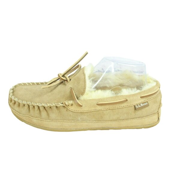 LL Bean Brown Suede Wicked Good Shearling Lined Moccasin Slippers Size 9 M - Picture 1 of 9